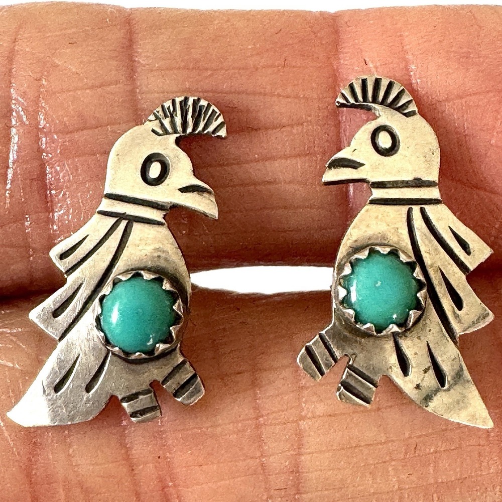 VTG Navajo Quail Bird Earrings Turquoise Sterling 925‎ Post Stud Native American